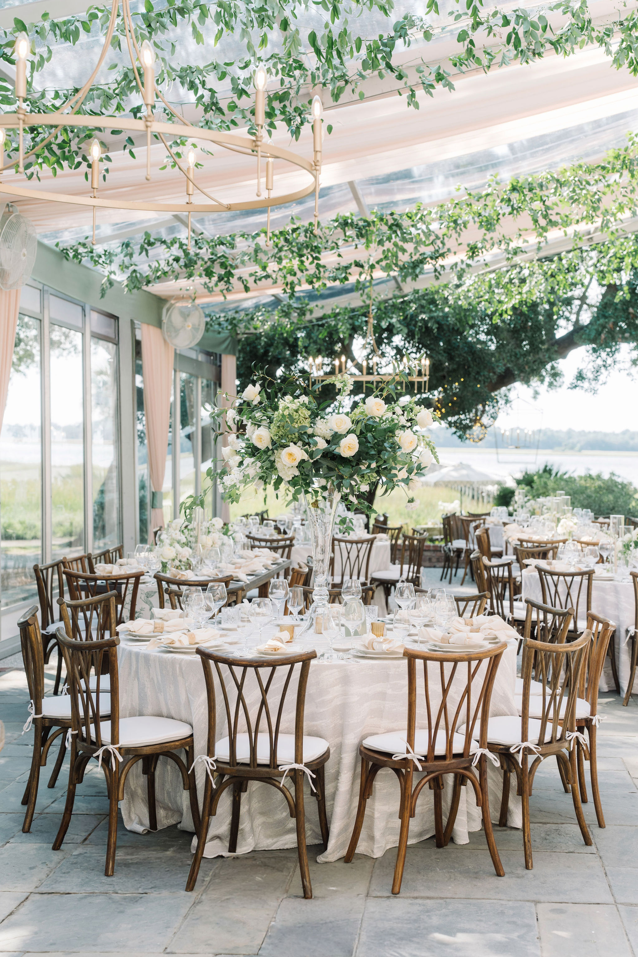 Leigh Davin Lowndes Grove Wedding 448 ANDERSON aaron and jillian photog willow cane back antique tables open gable