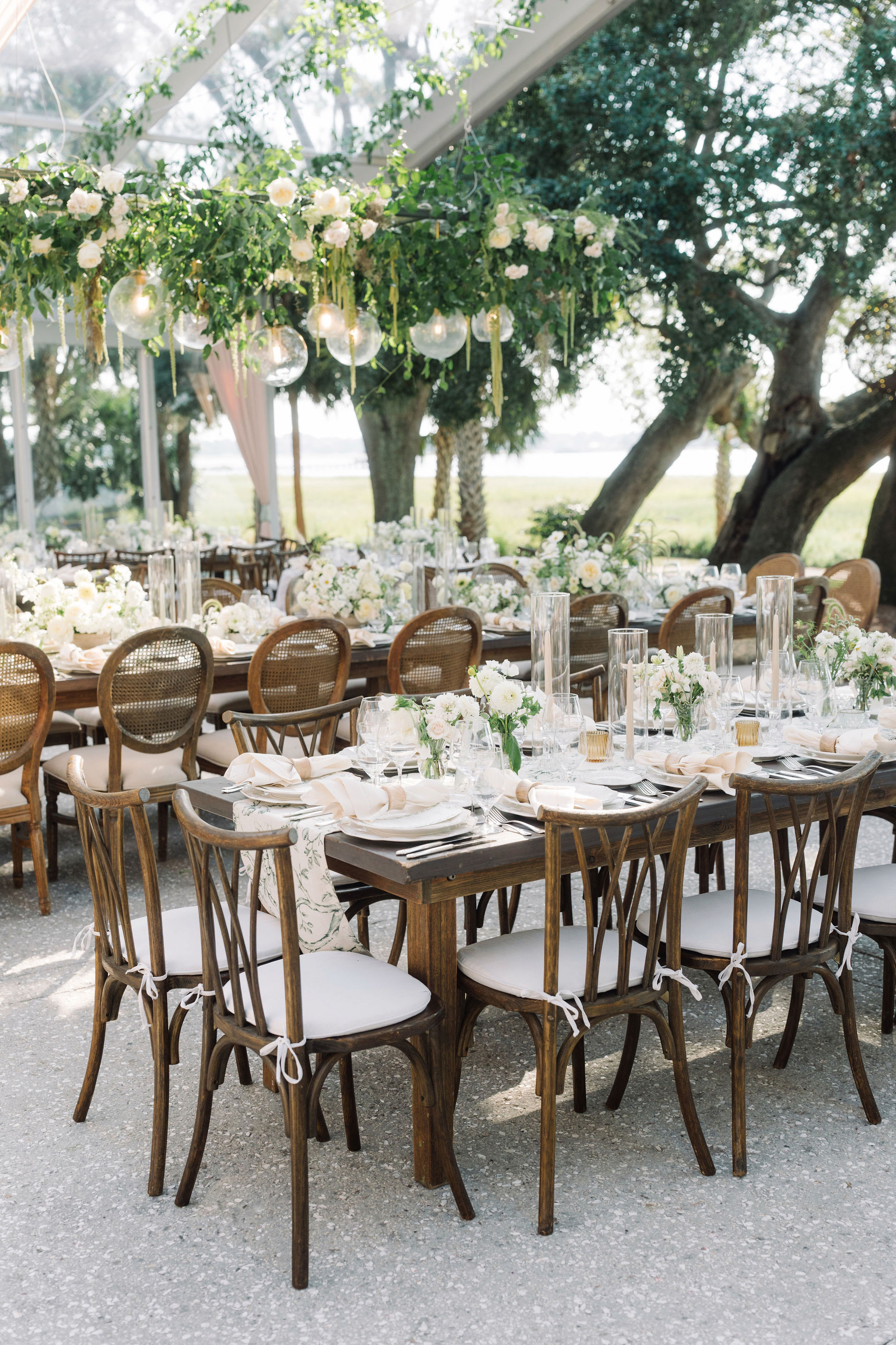 Leigh Davin Lowndes Grove Wedding 496 ANDERSON aaron and jillian photog willow cane back antique tables open gable